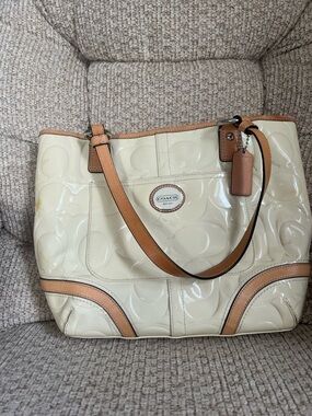 Coach Patent Tote in Cream with Tan Trim